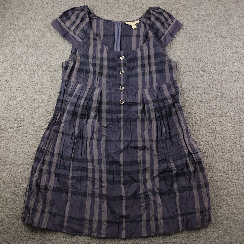 Burberry Mini Dress Silk Blend Sz 4 London Plaid Purple Grey Cap Sleeve Pleated